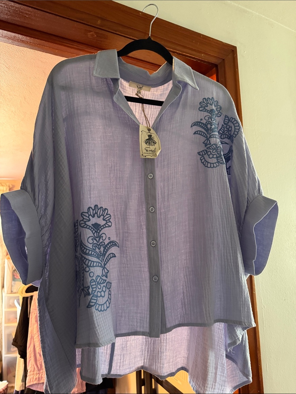 easel Light Lavender Button-Front Shirt with Navy Floral Accents